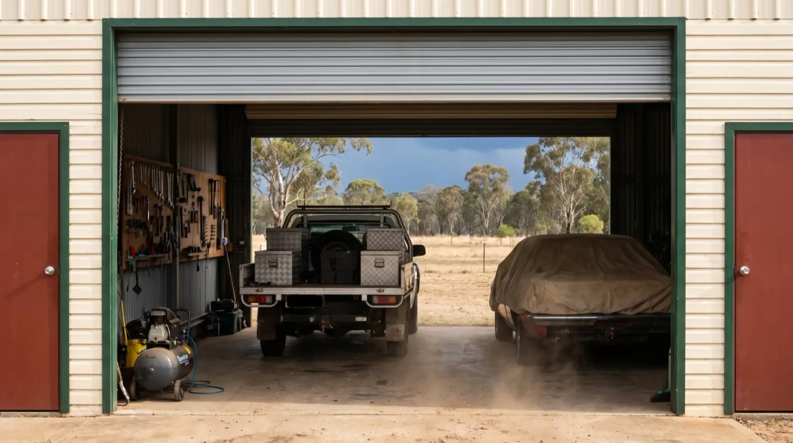 Looking out through a half-open shed roller door at daylight, tools and a ute inside