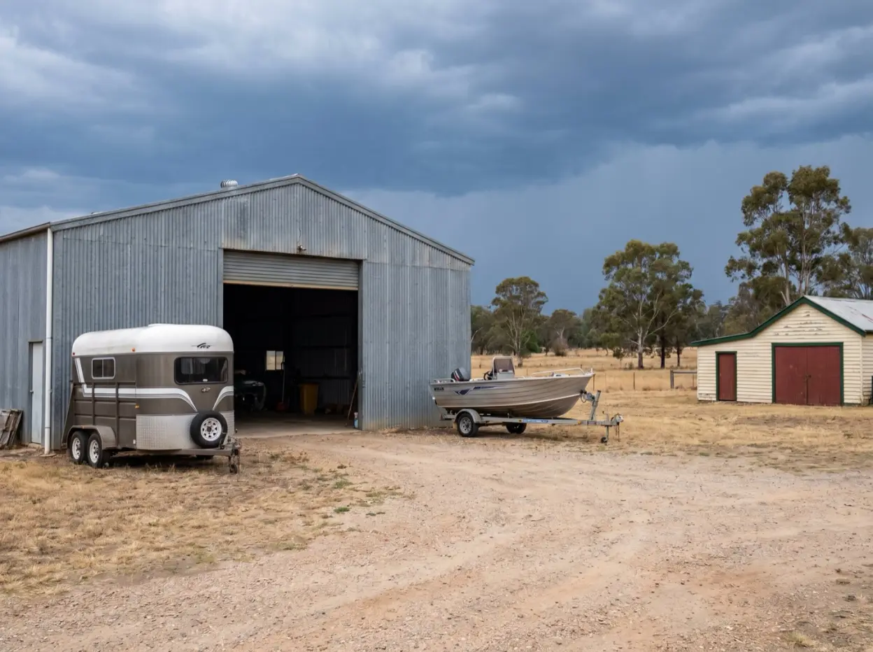 A wide high roller door on a galvanised farm shed with a horse float and boat parked beside it