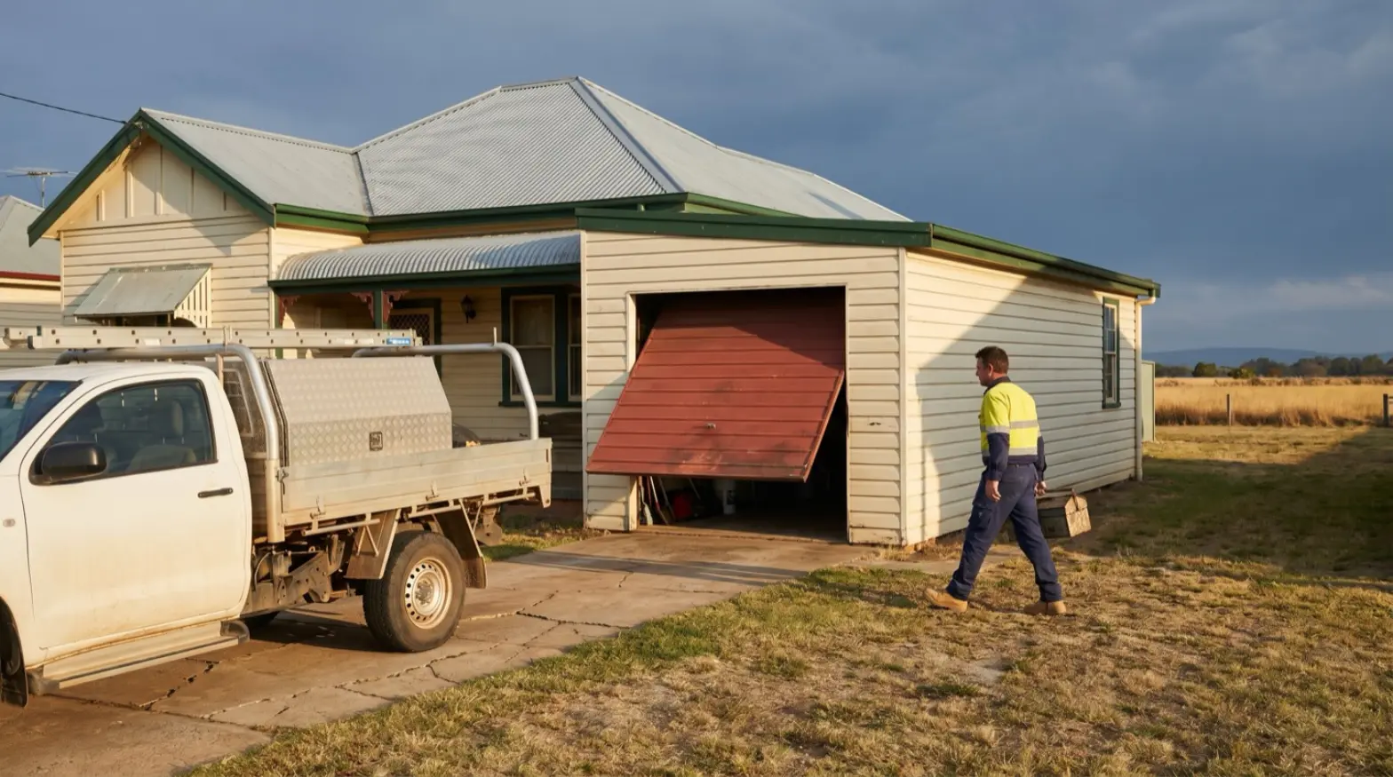 An older weatherboard cottage in the Cessnock grid, its faded red tilt garage door half open with a ute in the driveway