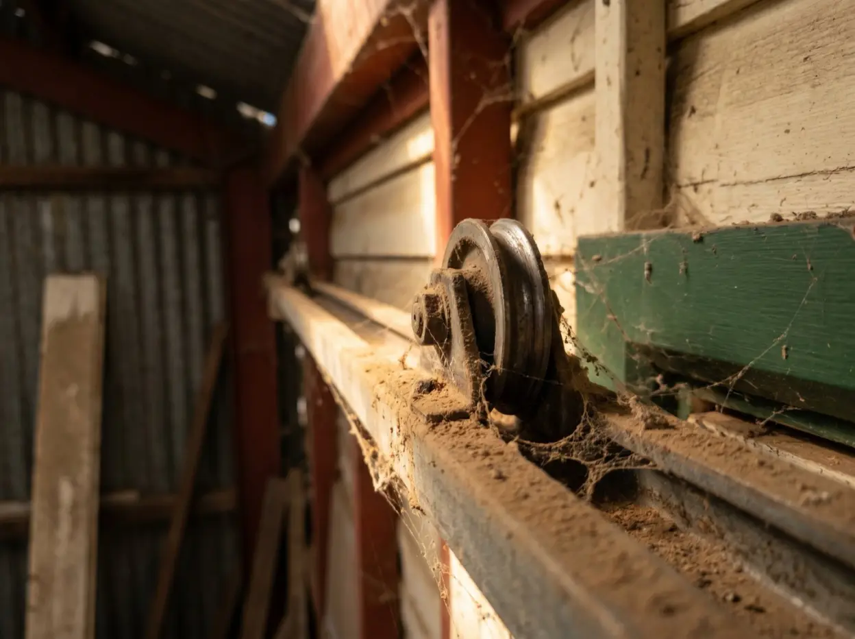 A dusty, cobwebbed garage door track and roller wheel inside an old shed