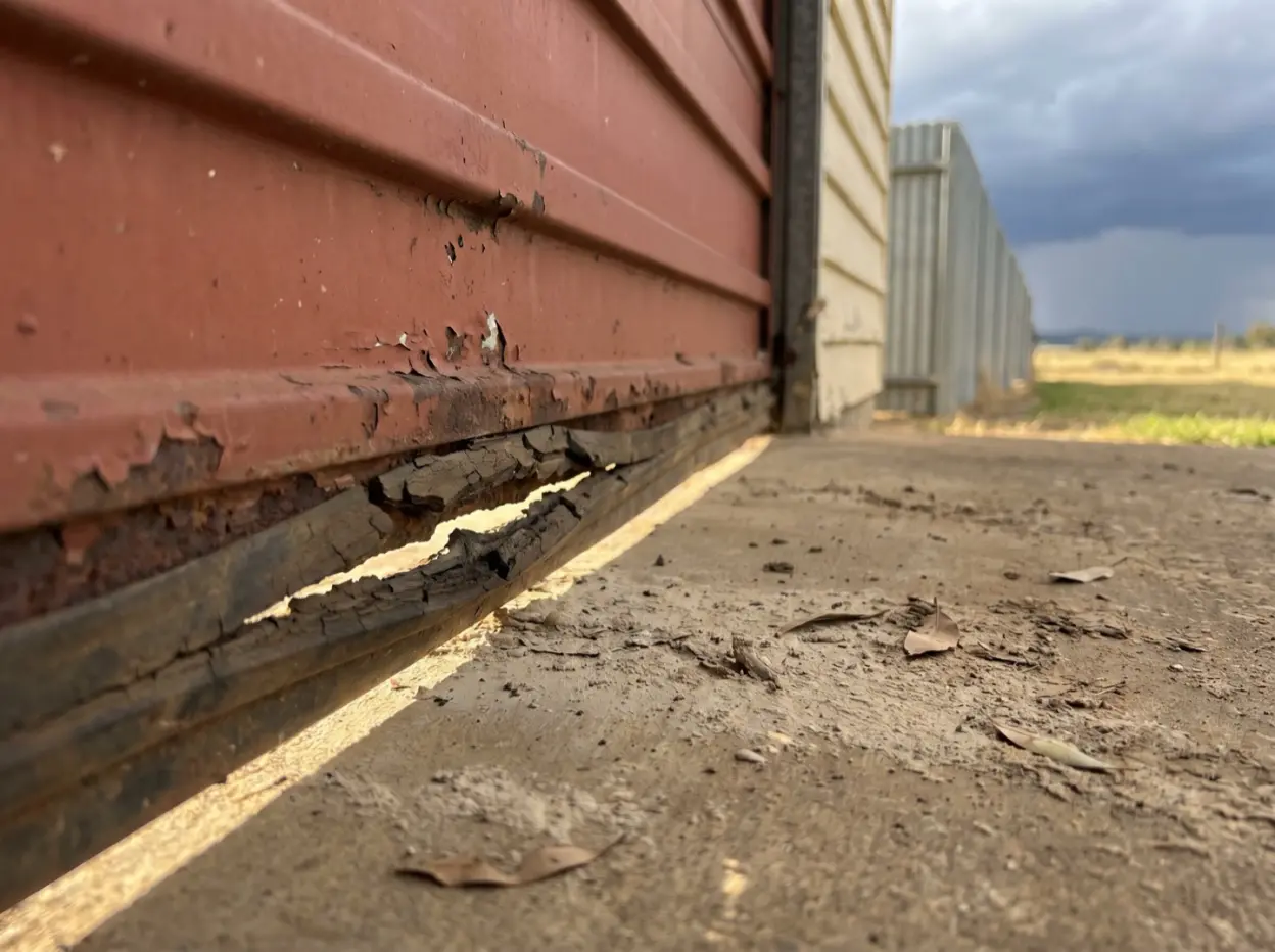 Close-up of a perished rubber seal at the bottom of an old steel garage door with daylight showing through the gap