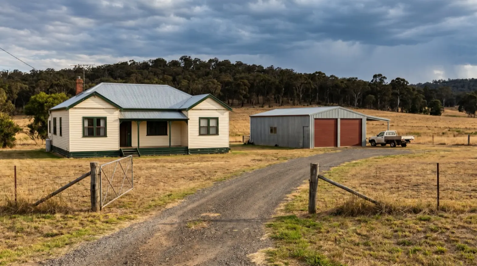 A Millfield acreage property: weatherboard farmhouse, big steel shed with red roller doors, long gravel driveway and a farm gate