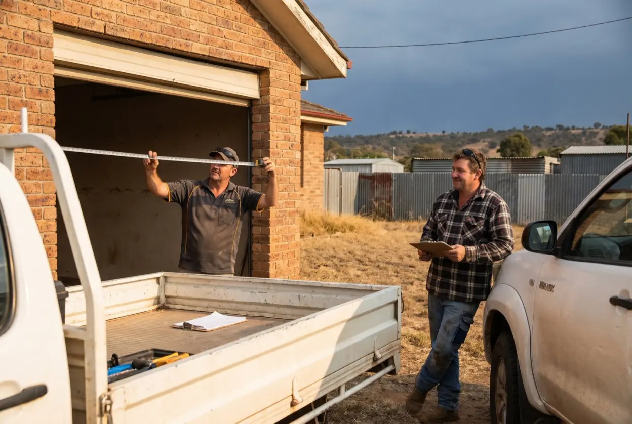 A garage door installer measuring a garage opening with a tape while the homeowner watches beside his ute