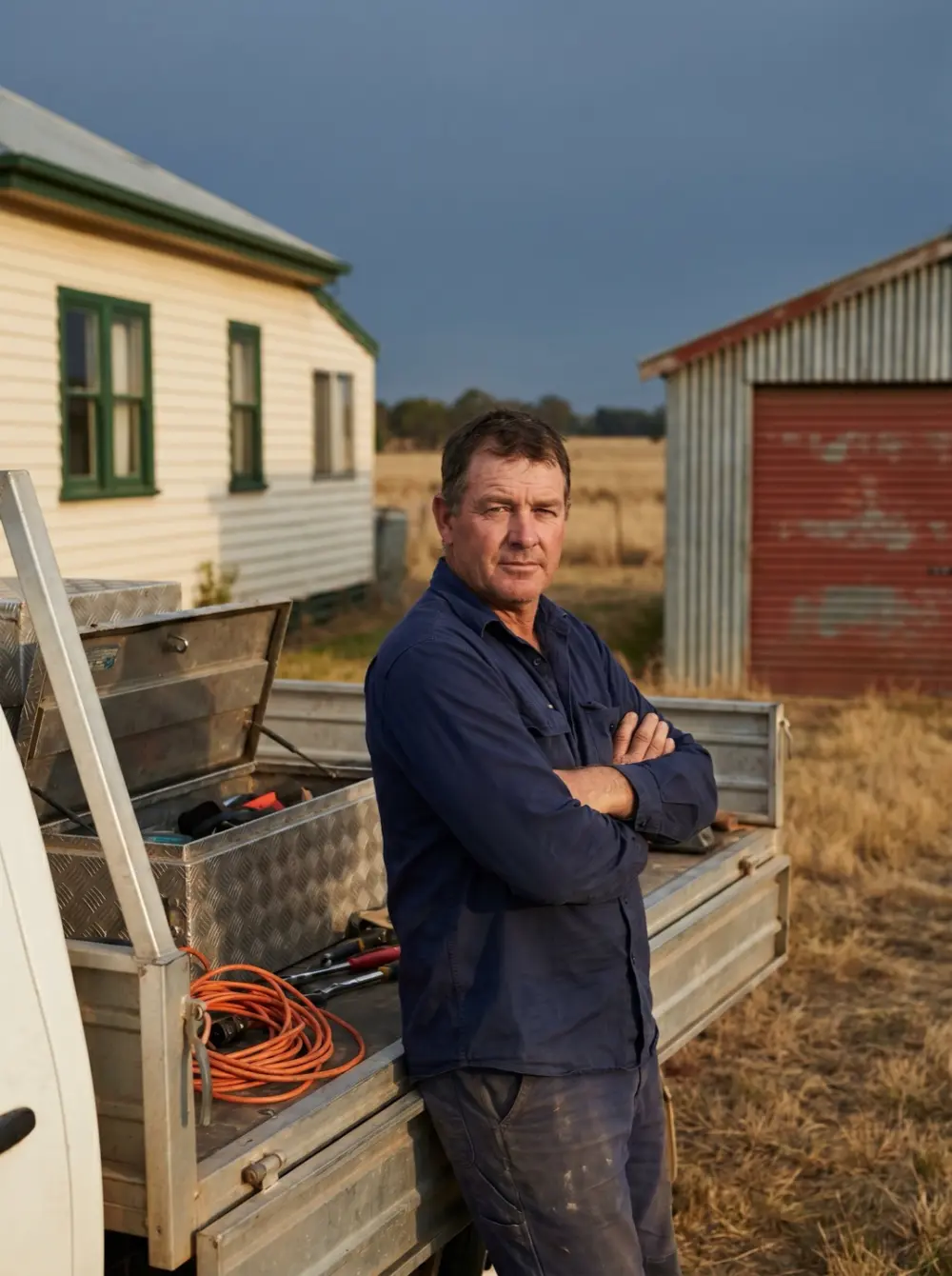 A garage door technician standing at his ute tray with toolboxes, arms crossed, calm and level